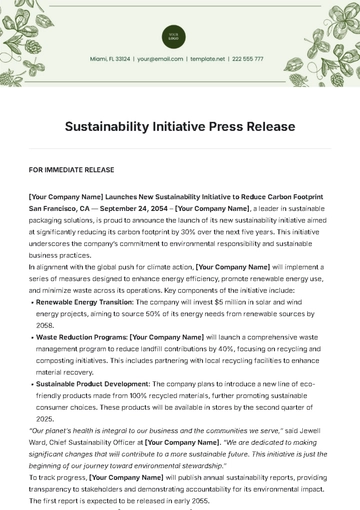 Free Sustainability Initiative Press Release Template to Edit Online