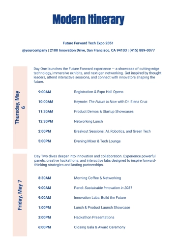 Free Modern Itinerary Template to Edit Online