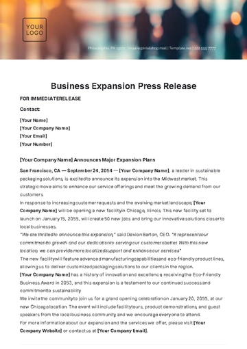 Free Business Expansion Press Release Template to Edit Online