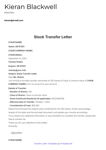 Free Stock Transfer Letter Template to Edit Online