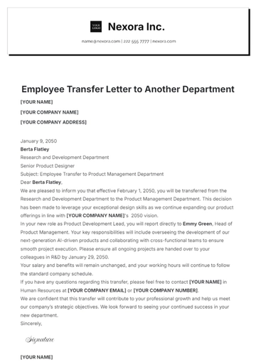 Free Employee Transfer Letter to Another Department Template to Edit Online