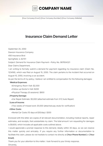 Free Insurance Claim Demand Letter Template to Edit Online