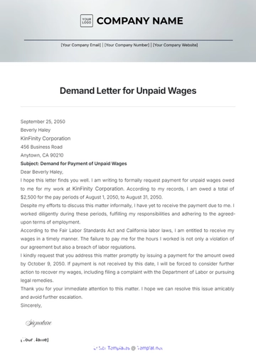 Free Demand Letter for Unpaid Wages Template to Edit Online