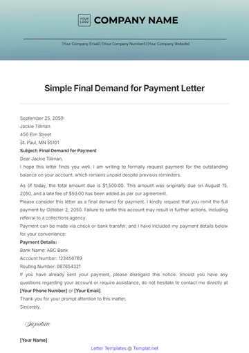 Free Simple Final Demand for Payment Letter Template to Edit Online