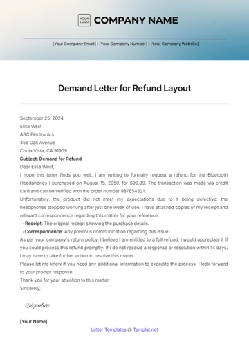 Free Demand Letter for Refund Layout Template to Edit Online