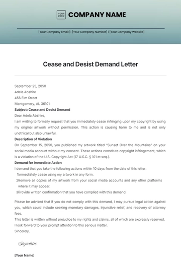 Free Cease and Desist Demand Letter Template to Edit Online