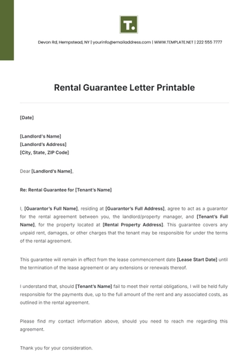 Free Rental Guarantee Letter Printable Template to Edit Online