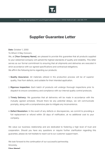 Free Supplier Guarantee Letter Template to Edit Online