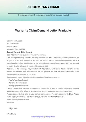 Free Warranty Claim Demand Letter Printable Template to Edit Online