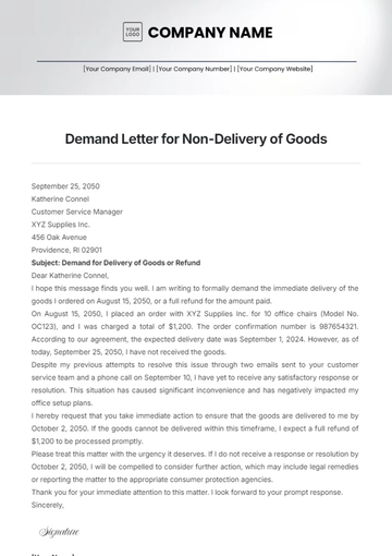 Free Demand Letter for Non-Delivery of Goods Template to Edit Online