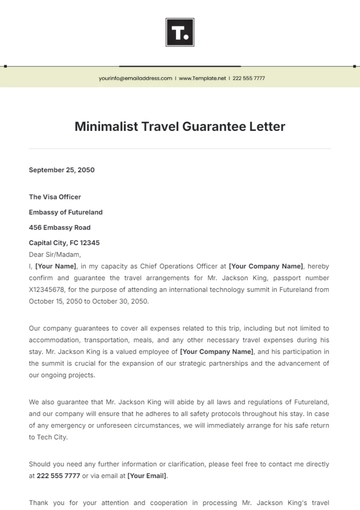 Free Minimalist Travel Guarantee Letter Template to Edit Online