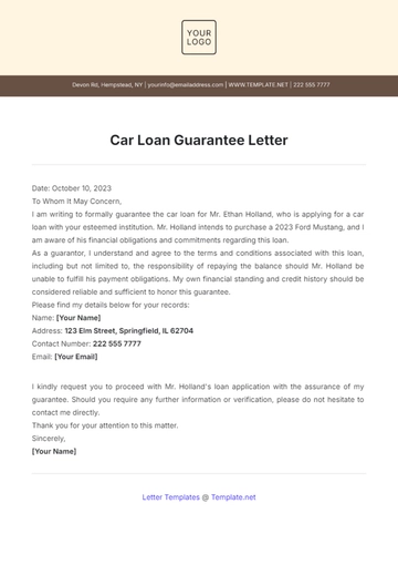 Free Car Loan Guarantee Letter Template to Edit Online