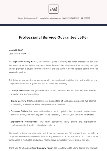 Free Professional Service Guarantee Letter Template to Edit Online
