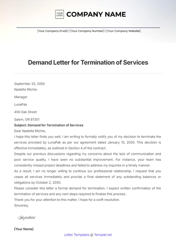 Free Demand Letter for Termination of Services Template to Edit Online