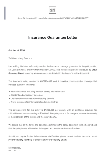Free Insurance Guarantee Letter Template to Edit Online