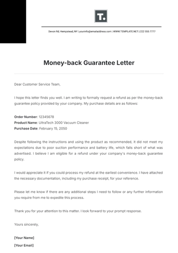 Free Money-back Guarantee Letter Template to Edit Online