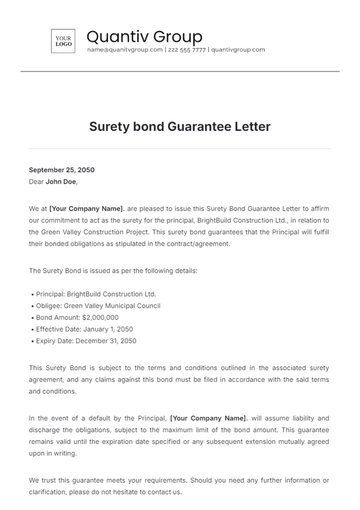 Free Surety Bond Guarantee Letter Template to Edit Online