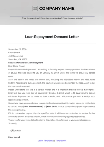 Free Loan Repayment Demand Letter Template to Edit Online