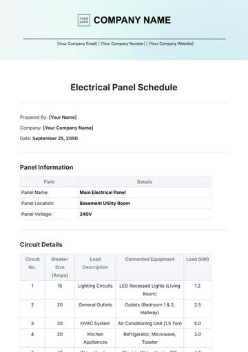Free Electrical Panel Schedule Template to Edit Online