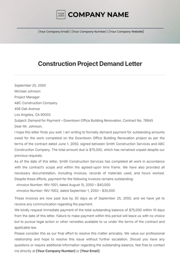 Free Construction Project Demand Letter Template to Edit Online
