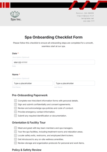 Free Spa Onboarding Checklist Form Template