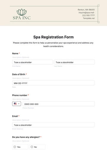 Free Spa Registration Form Template