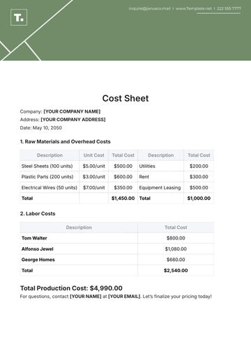 Free Cost Sheet Template to Edit Online