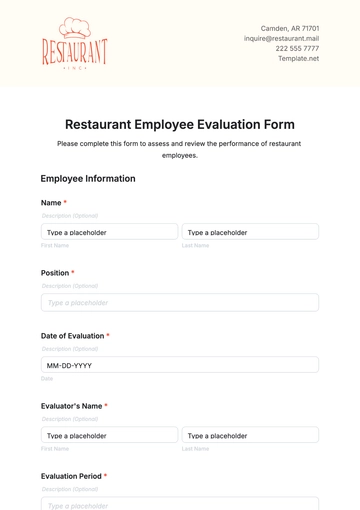 Free Restaurant Employee Evaluation Form Template to Edit Online