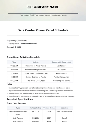 Free Data Center Power Panel Schedule Template to Edit Online