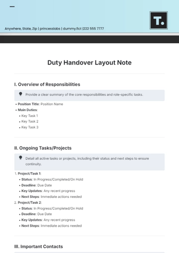 Free Duty Handover Layout Note Template to Edit Online