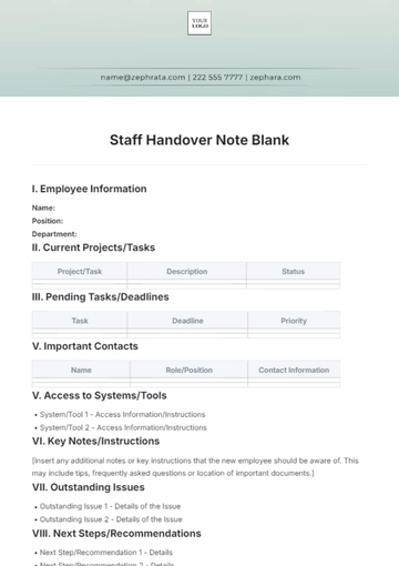 Free Staff Handover Note Blank Template to Edit Online