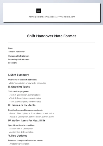 Free Shift Handover Note Format Template to Edit Online