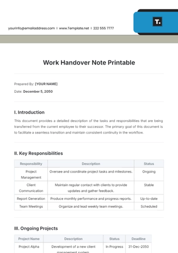 Free Work Handover Note Printable Template to Edit Online