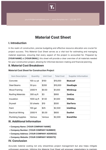 Free Material Cost Sheet Template to Edit Online