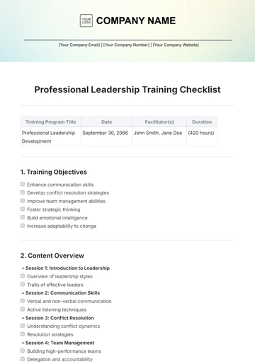 Free Professional Leadership Training Checklist Template to Edit Online