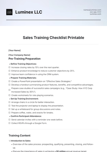 Free Sales Training Checklist Printable Template to Edit Online