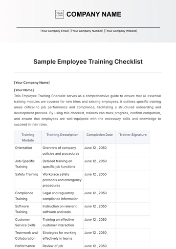 Free Sample Employee Training Checklist Template to Edit Online