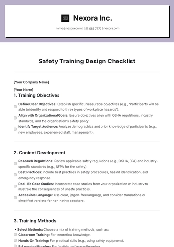 Free Safety Training Design  Checklist Template to Edit Online