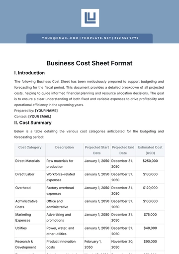 Free Business Cost Sheet Format Template to Edit Online