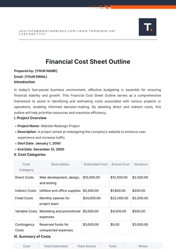 Free Financial Cost Sheet Outline Template to Edit Online