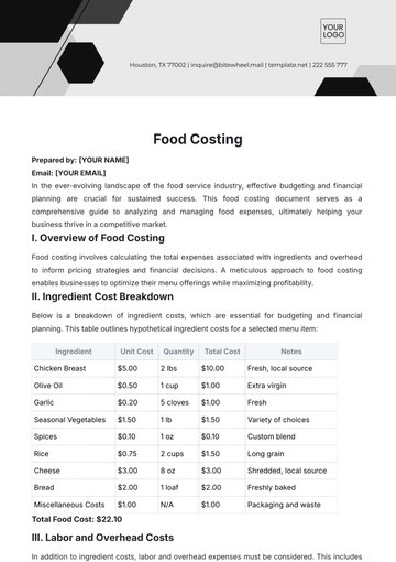 Free Food Costing Template to Edit Online