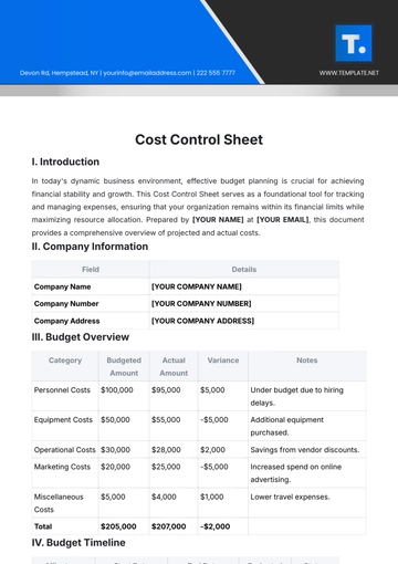 Free Cost Control Sheet Template to Edit Online