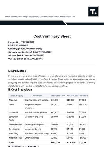 Free Cost Summary Sheet Template to Edit Online