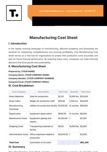Free Manufacturing Cost Sheet Template to Edit Online