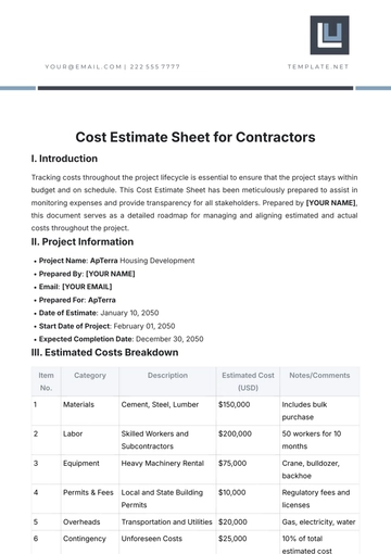 Free Cost Estimate Sheet Template for Contractors to Edit Online