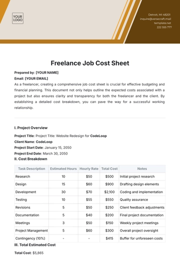 Free Freelance Job Cost Sheet Template to Edit Online