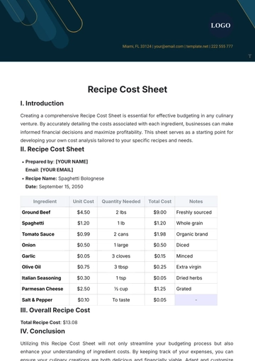 Free Recipe Cost Sheet Template to Edit Online