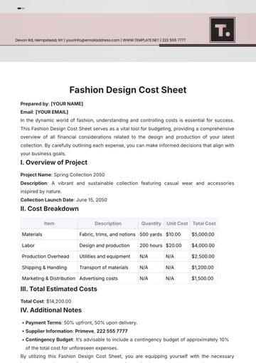 Free Fashion Design Cost Sheet Template to Edit Online