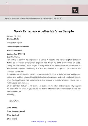 Free Work Experience Letter for Visa Sample Template to Edit Online