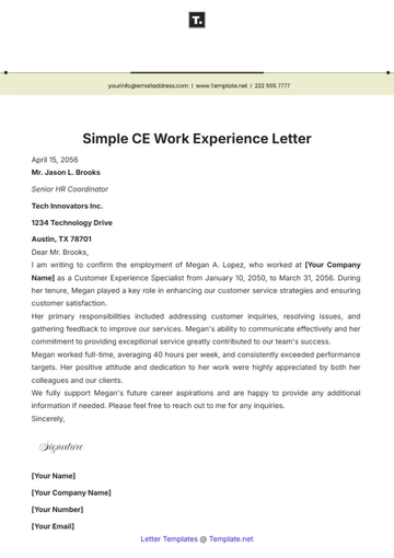 Free Simple CE Work Experience Letter Template to Edit Online